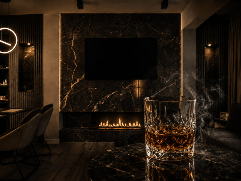 Whiskey tumbler on a marble table in a dim, luxurious living room with a glowing gas fireplace and black marble wall behind.