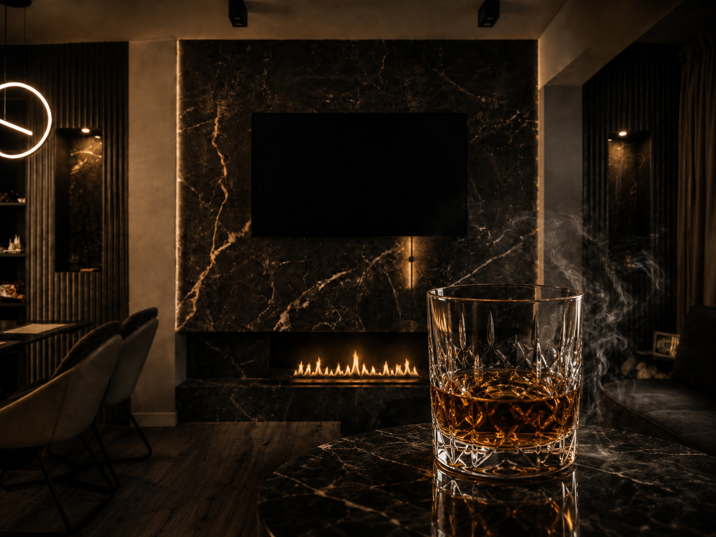 Whiskey tumbler on a marble table in a dim, luxurious living room with a glowing gas fireplace and black marble wall behind.